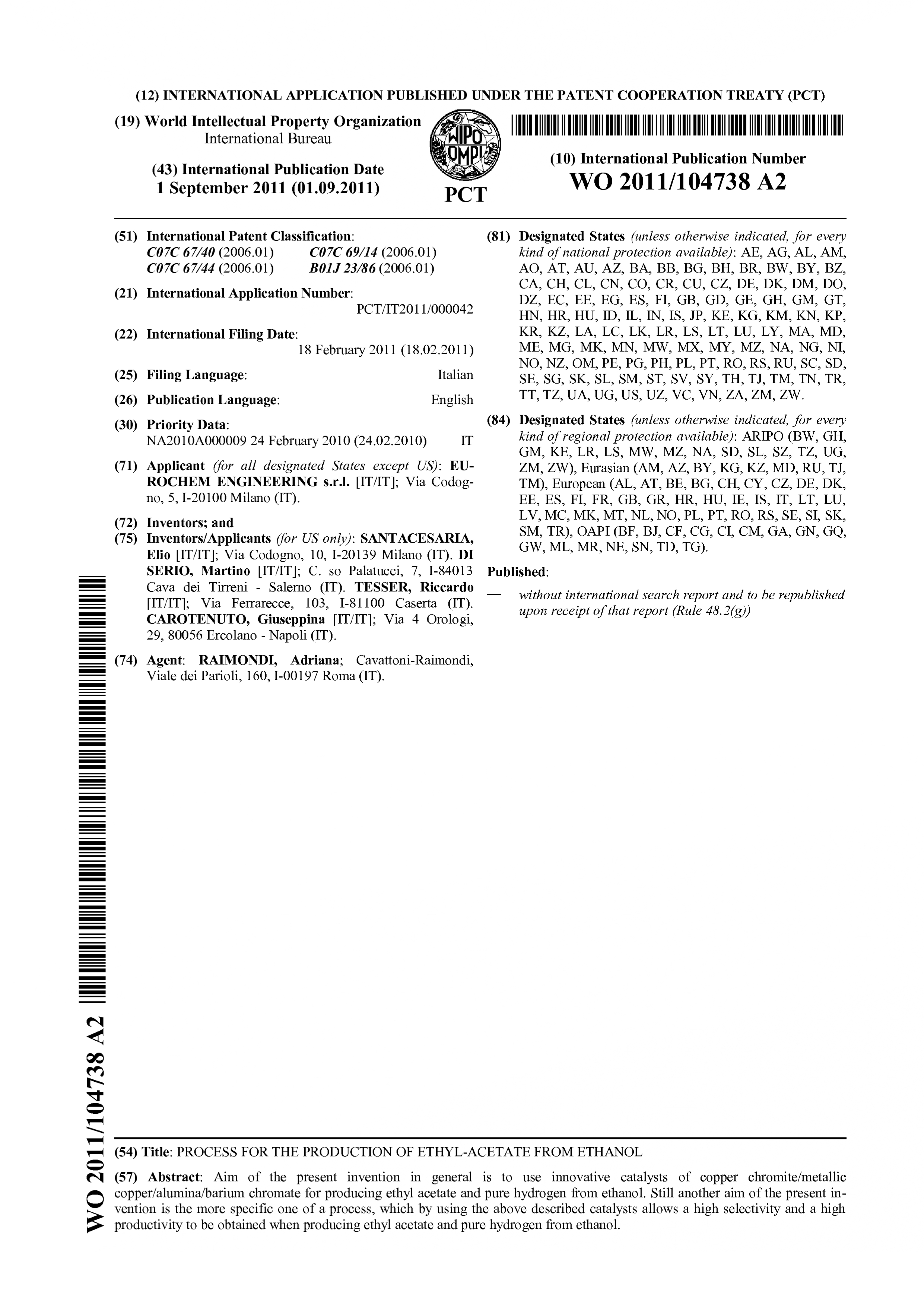 A Metal Catalyst and Process for Catalytic Conversion of Ethanol to Ethyl Acetate and Hydrogen