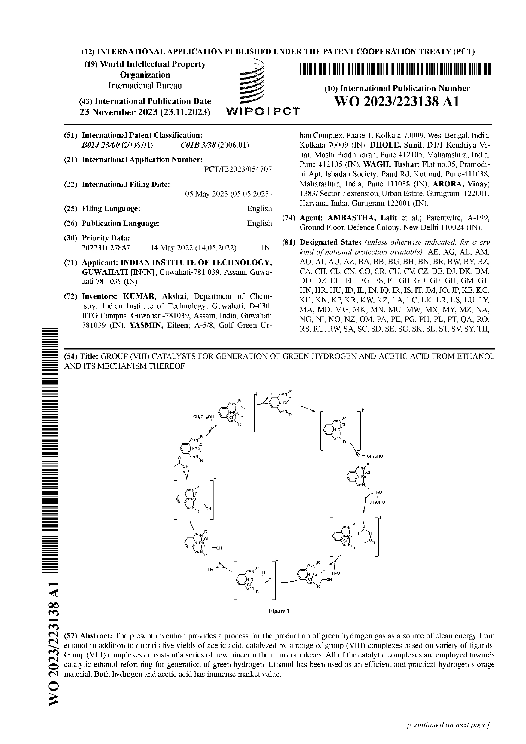 Group VIII Catalysts for Generation of Green Hydrogen and Acetic acid from ethanol