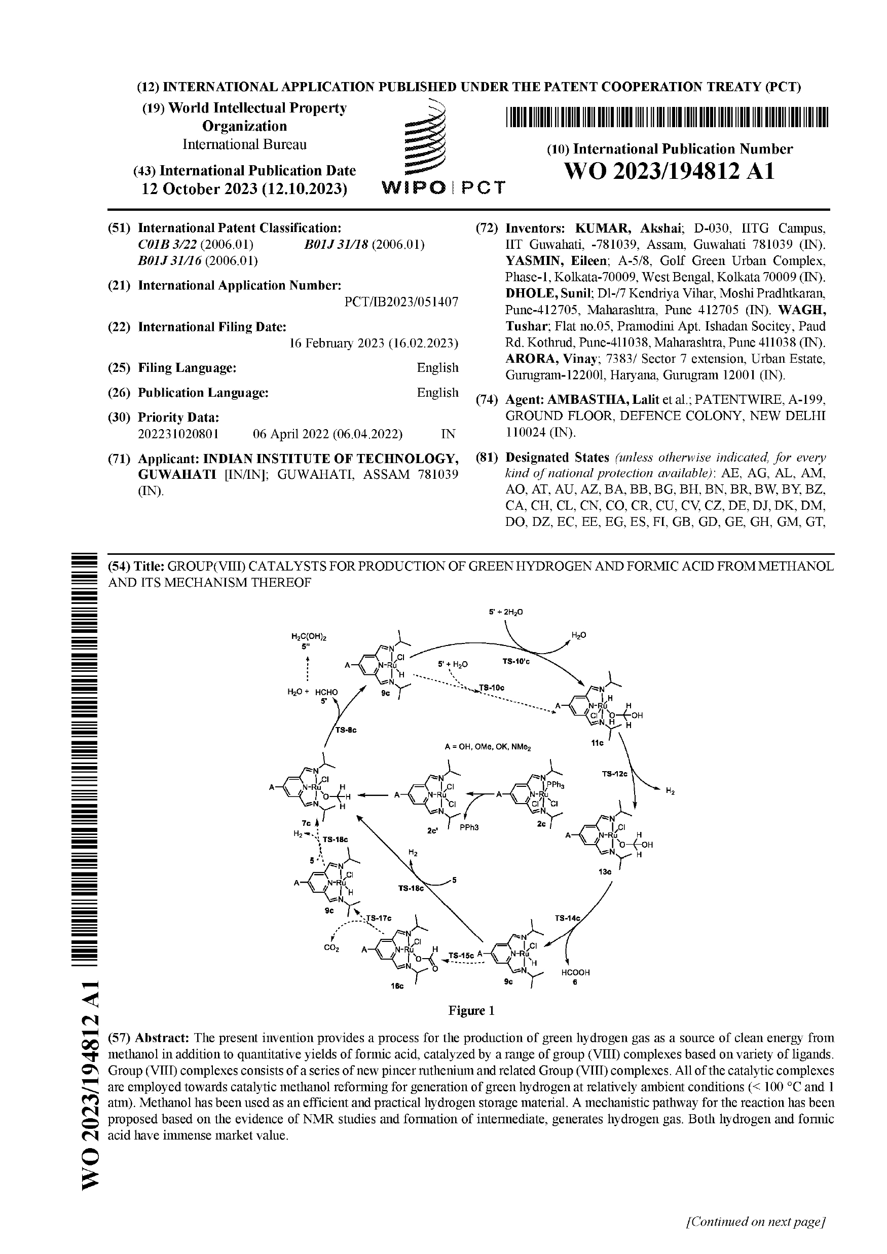 Group VIII Catalyst for production of green hydrogen and formic acid from methanol